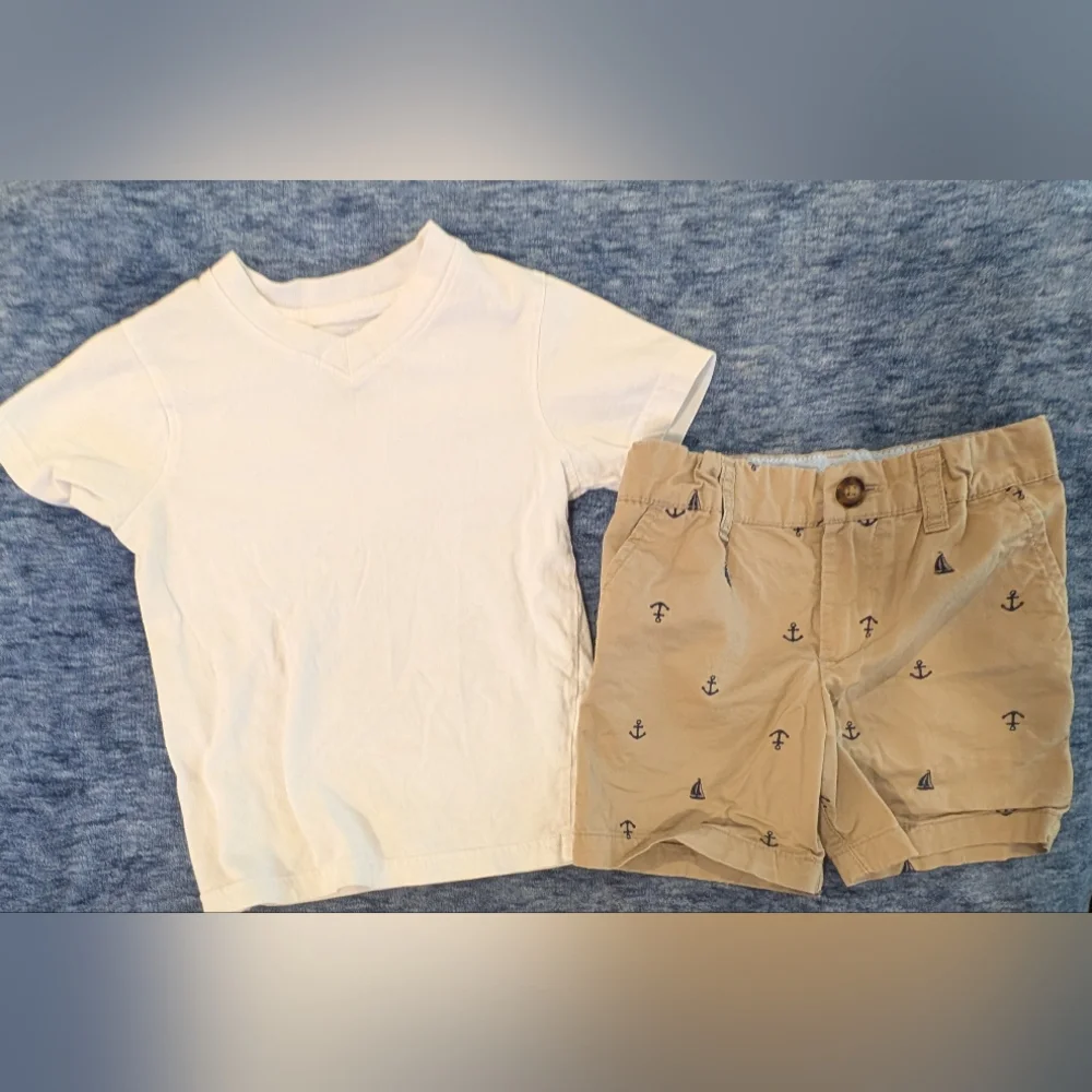 White Tee and Tan Anchor Print Shorts Kids Matching Set